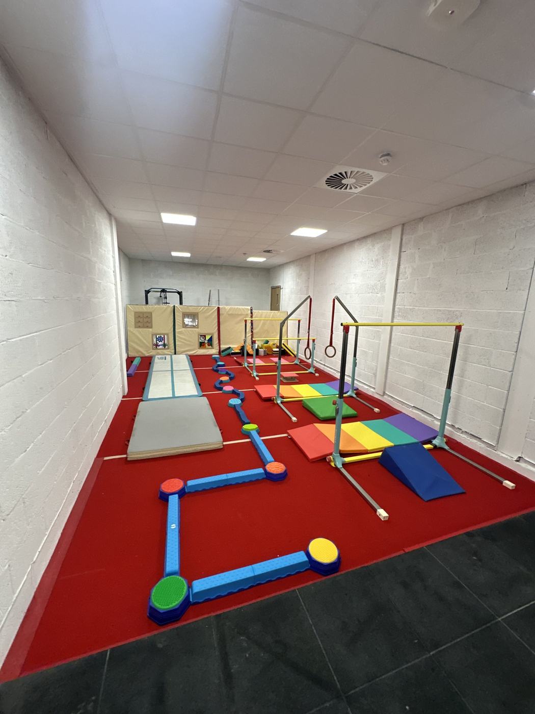A colourful obstacle course set up in the KTGA gym in Huddersfield