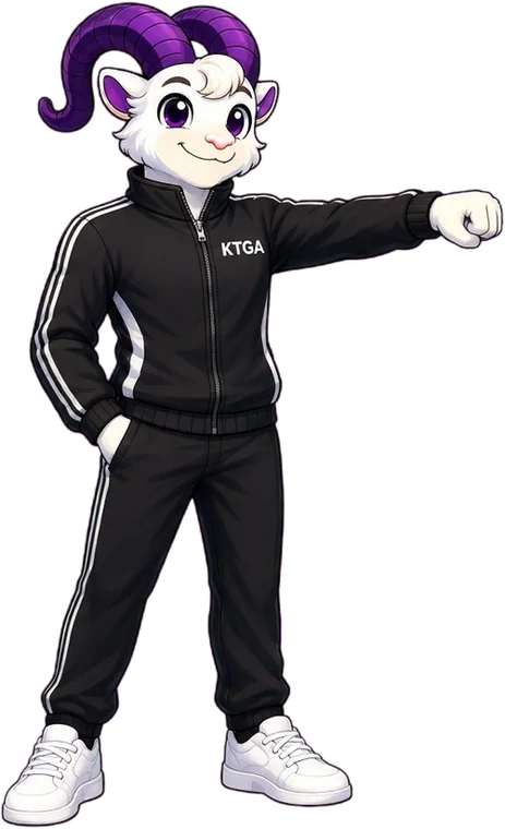 KTGA ram mascot in a tracksuit with a fist bump