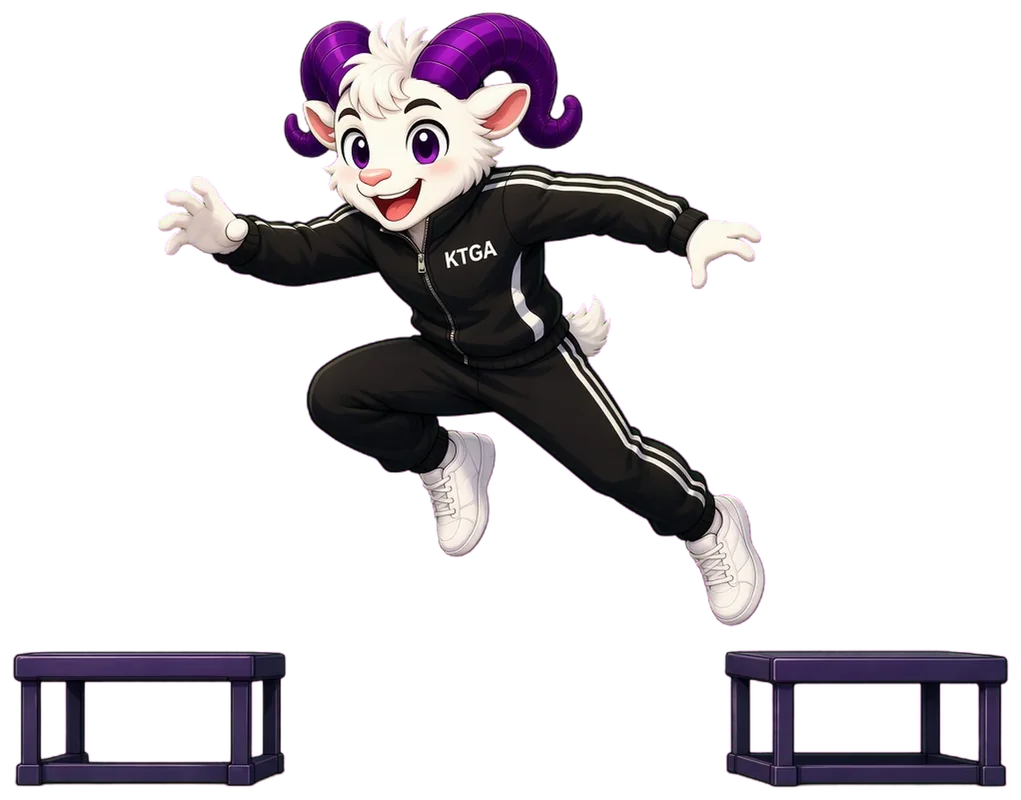 KTGA ram mascot leaping between two obstacle blocks