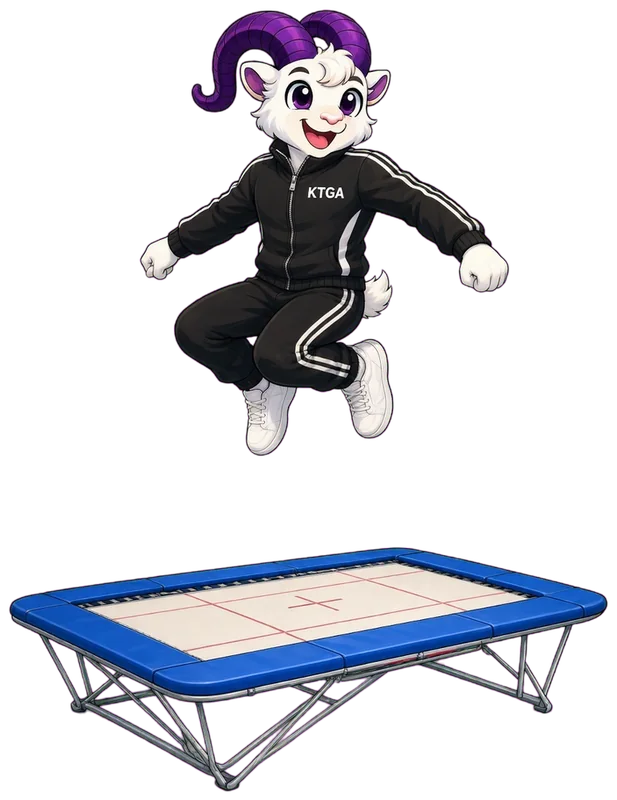 KTGA ram mascot in a tracksuit, mid-air in a tucked somersault