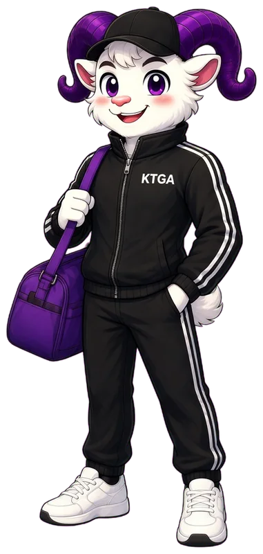 KTGA ram mascot in a cap with a sports bag over its shoulder