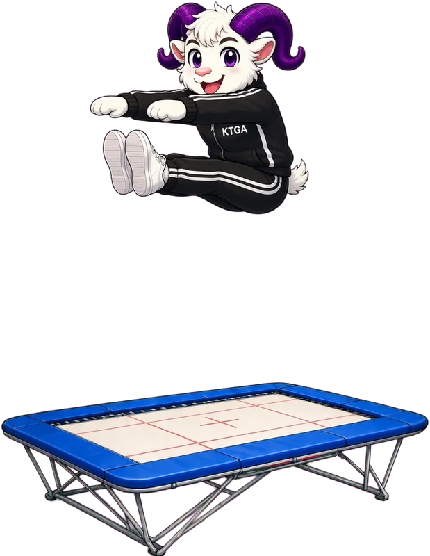 KTGA ram mascot doing a pike jump above a trampoline
