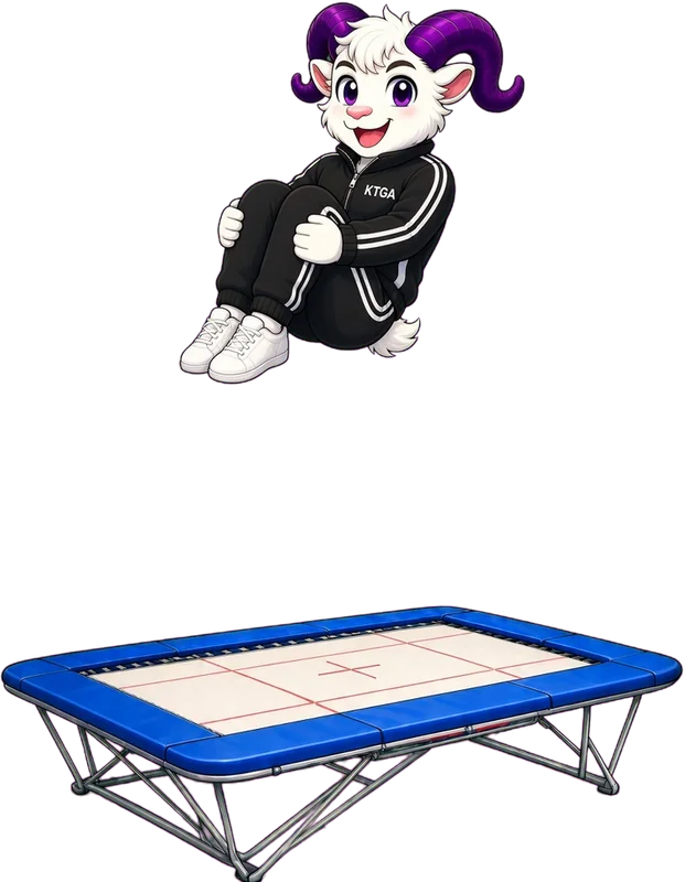 KTGA ram mascot mid-somersault above a trampoline