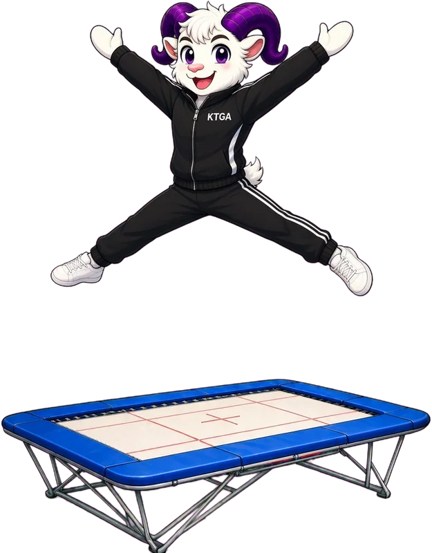 KTGA ram mascot in a star jump high above a trampoline