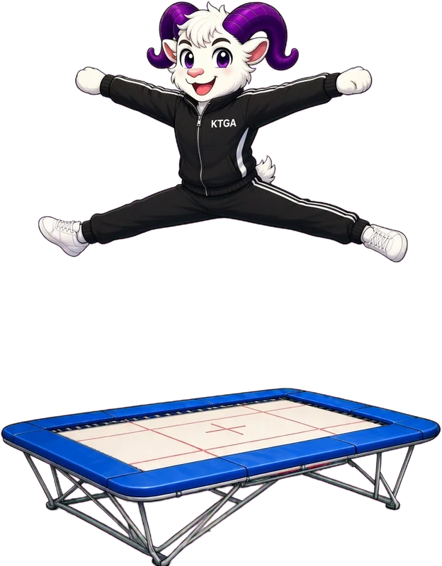KTGA ram mascot doing a straddle jump above a trampoline