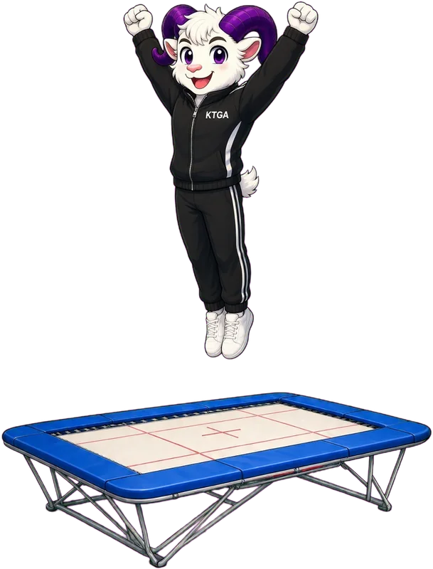 KTGA ram mascot standing tall on a trampoline
