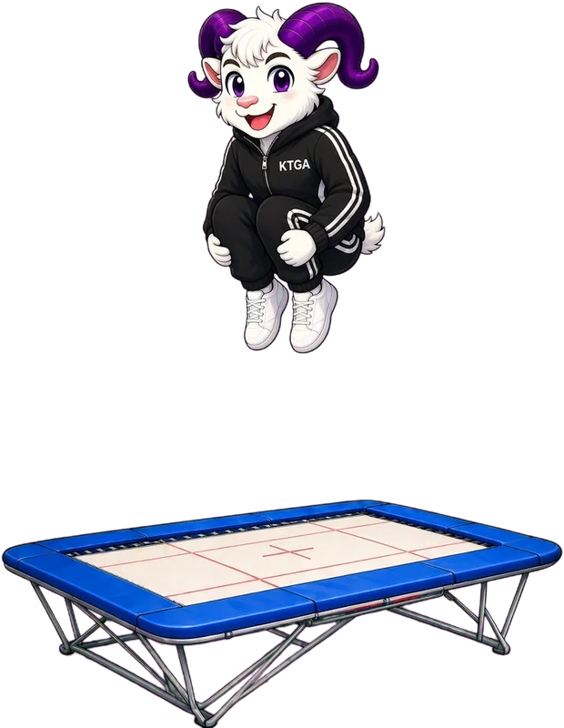 KTGA ram mascot in a tucked jump above a trampoline