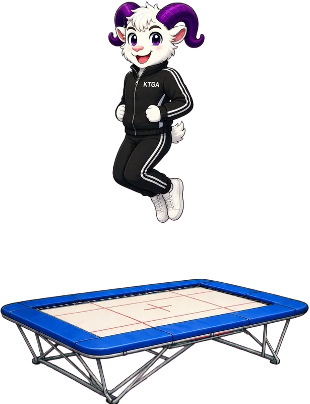 KTGA ram mascot twisting in the air above a trampoline