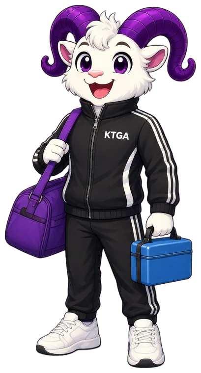 KTGA ram mascot carrying a kit bag and a packed lunch box