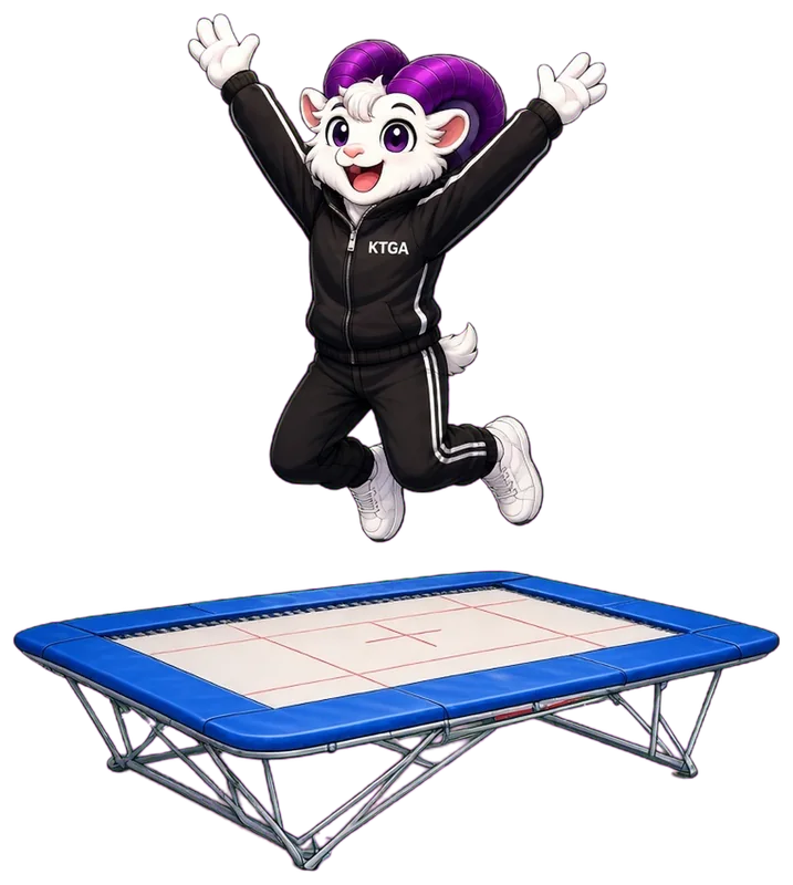 KTGA ram mascot bouncing on a trampoline with arms in the air