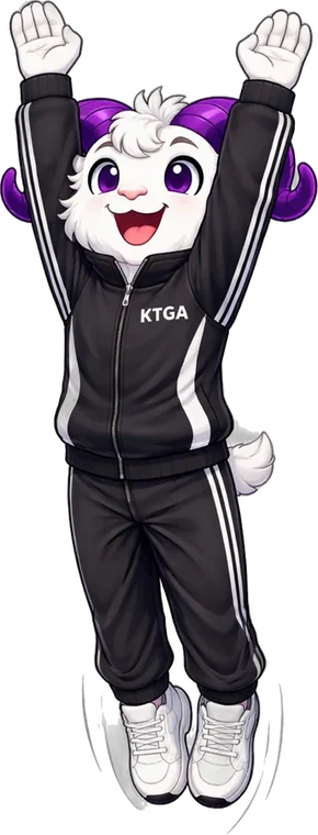 KTGA ram mascot in a tracksuit with arms up, cheering