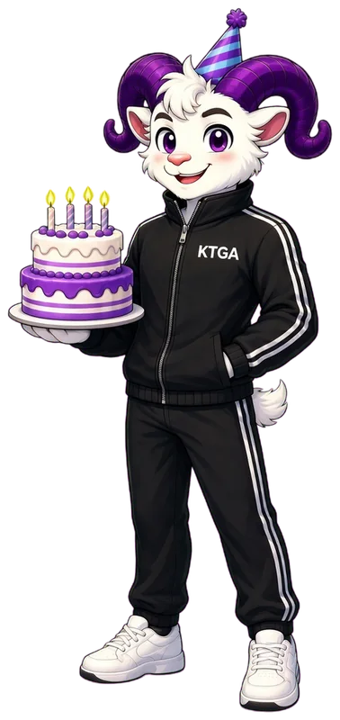 KTGA ram mascot in a party hat holding a birthday cake