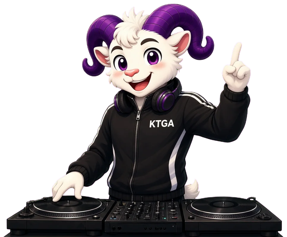 KTGA ram mascot DJing at a set of decks