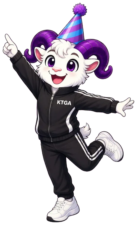 KTGA ram mascot dancing in a party hat